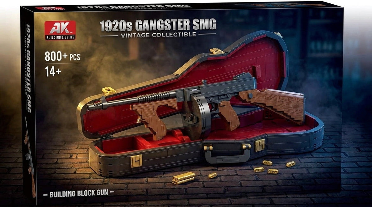 1920s Vintage SMG brick model with drum magazine displayed in an instrument-style case, 800+ pieces, age 14+