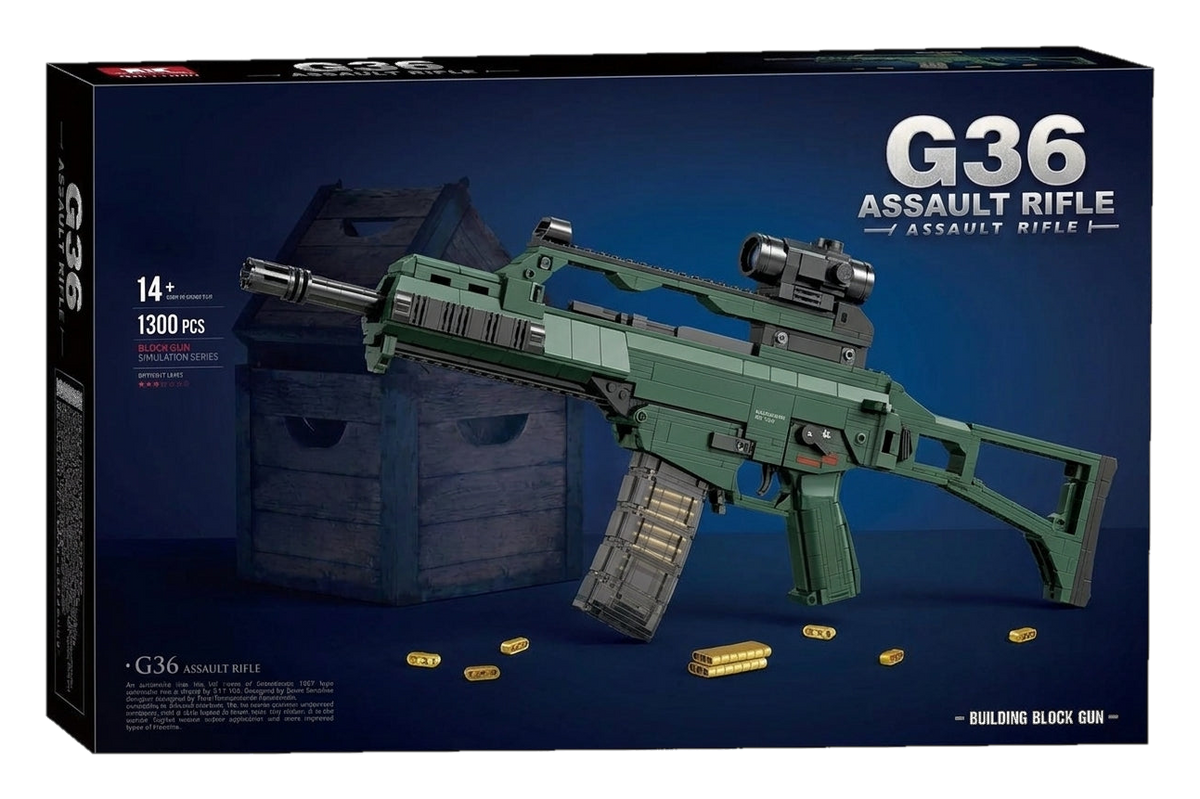 Compact Green Rifle brick kit box, green rifle model with carry-handle optic and translucent magazine, 1300 pieces, age 14+ (cut-out)