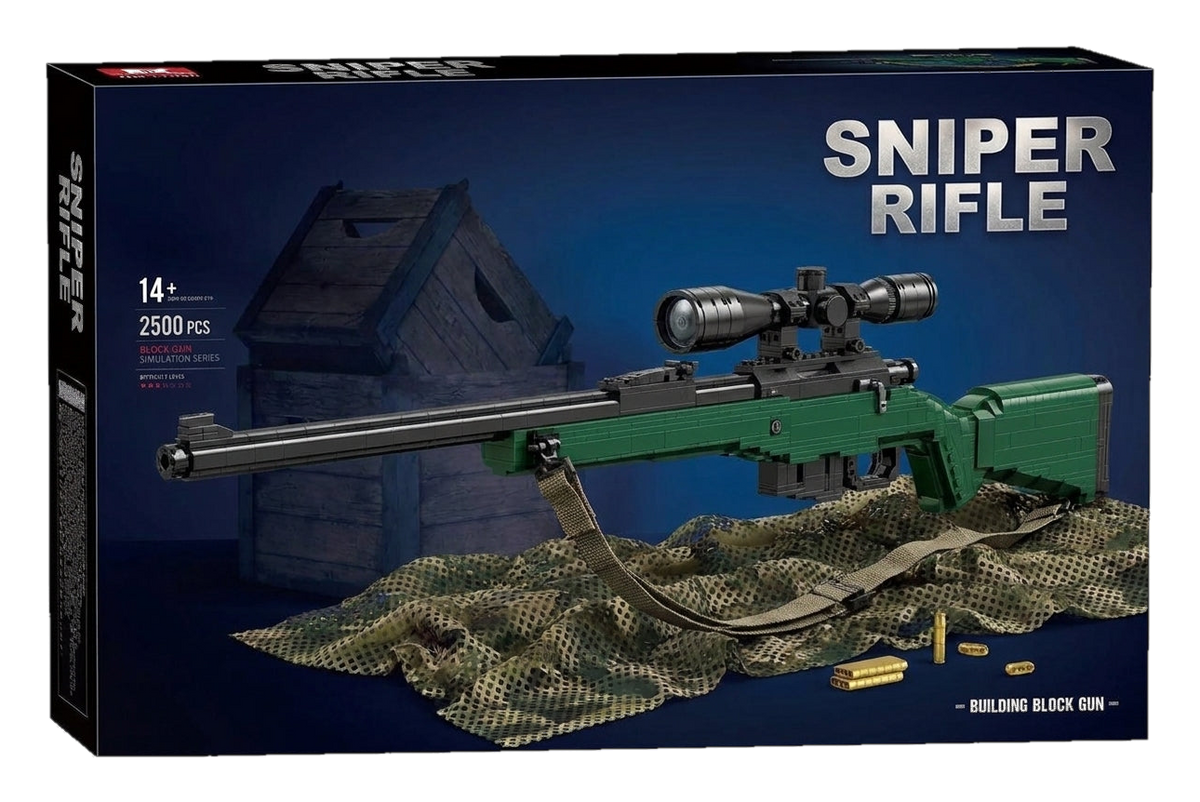 Green Long Rifle brick kit box, green-stock bolt-action rifle with scope and sling, 2500 pieces, age 14+ (cut-out)
