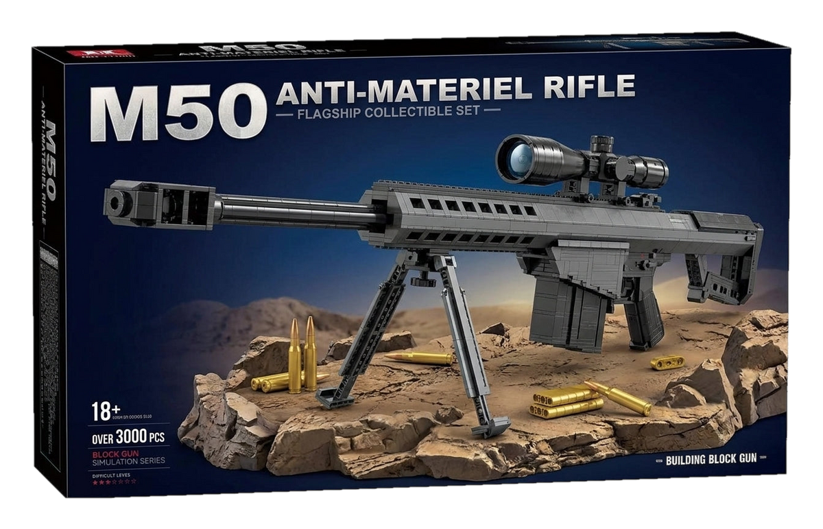 Anti-Materiel Rifle flagship brick kit box, large grey rifle model with scope and bipod, 3000+ pieces, age 18+ (cut-out)