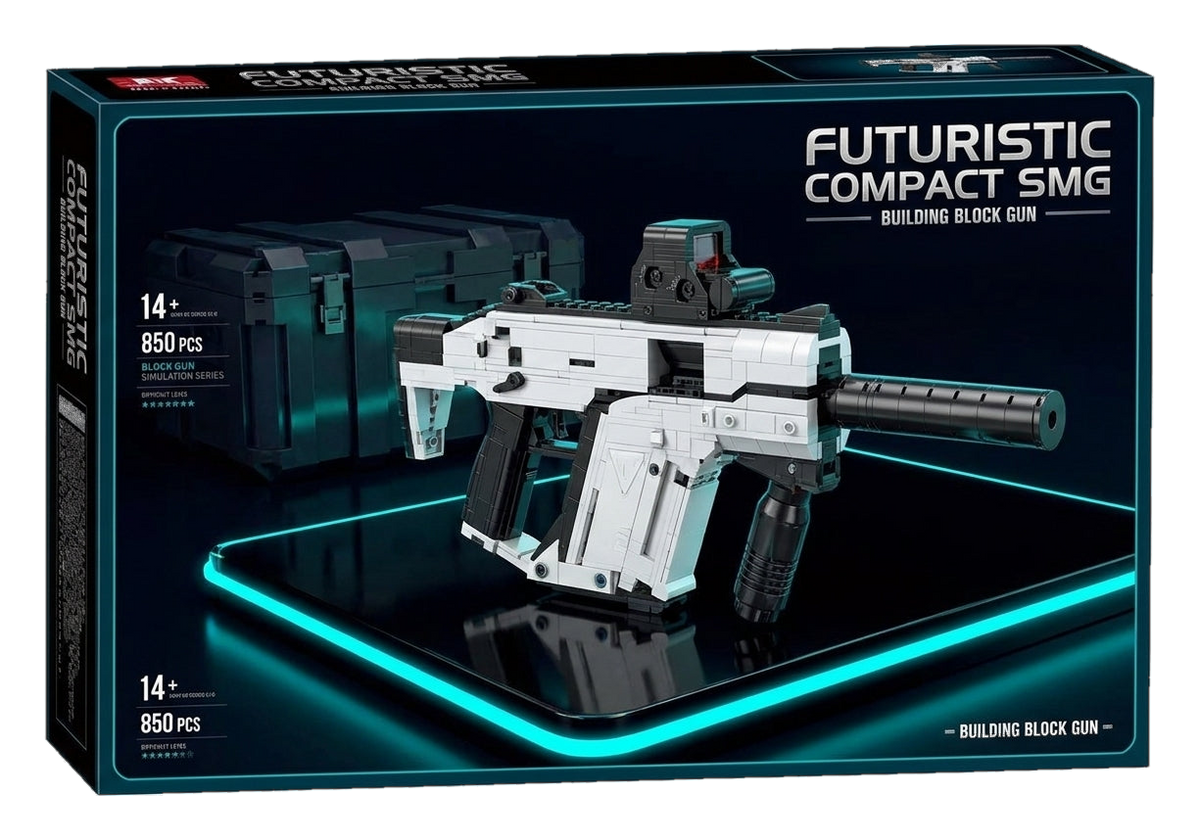 Futuristic Compact SMG brick kit box, white and black model with optic and suppressor, 850 pieces, age 14+ (cut-out)