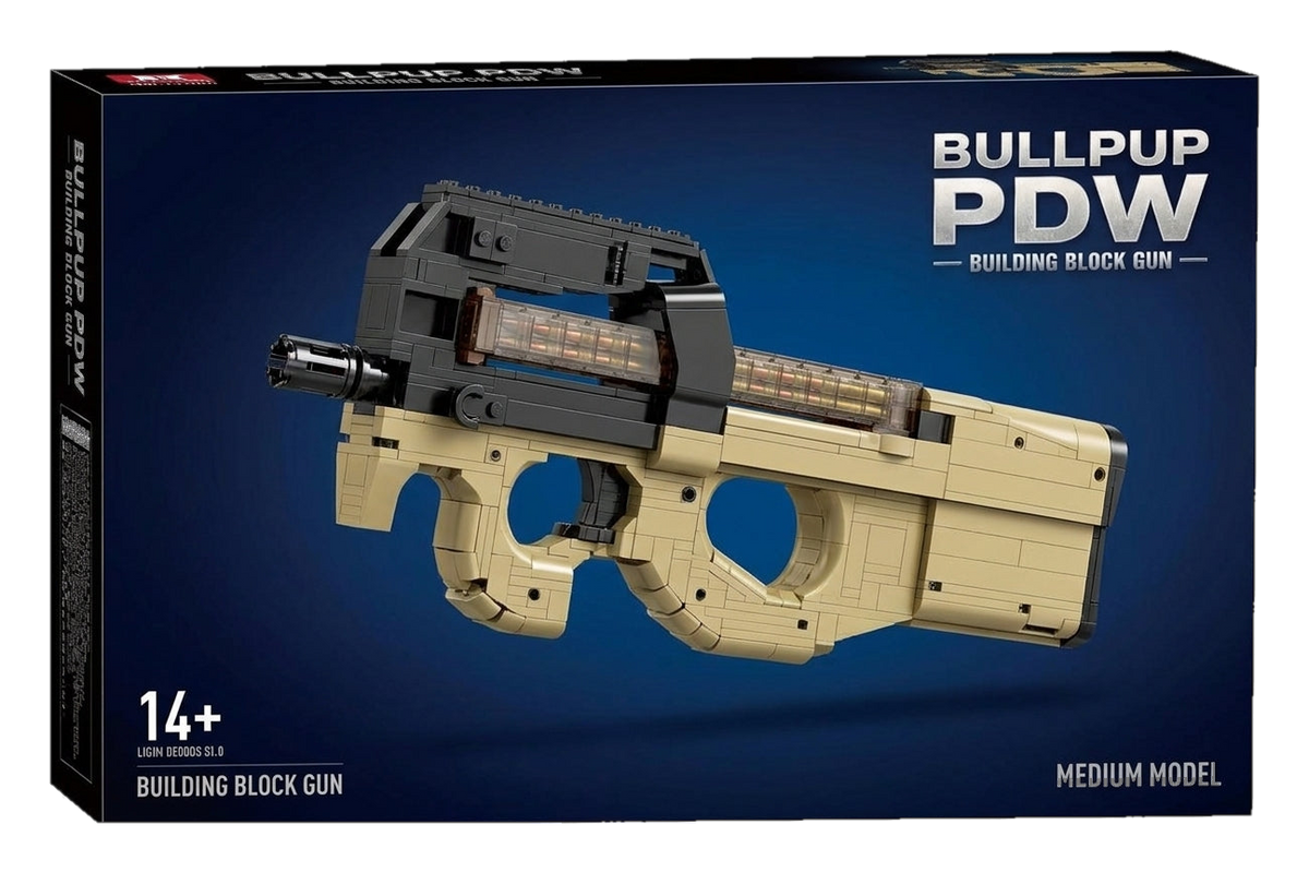 Bullpup PDW brick kit box, tan and black compact model with translucent top magazine, age 14+ (cut-out)