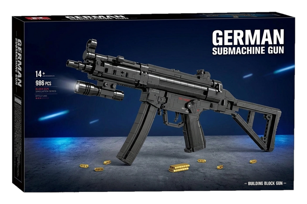 Classic Compact SMG brick kit box, black model with curved magazine, light and folding stock, 986 pieces, age 14+ (cut-out)