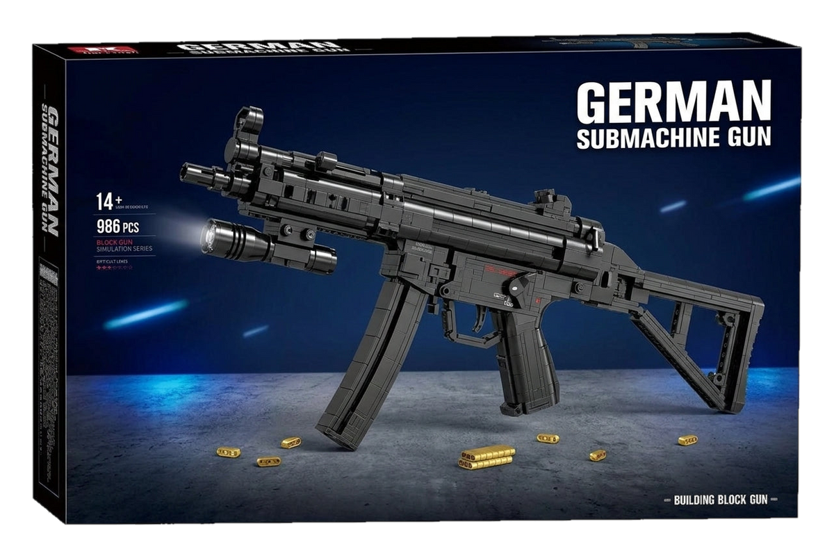 Classic Compact SMG brick kit box, black model with curved magazine, light and folding stock, 986 pieces, age 14+ (cut-out)