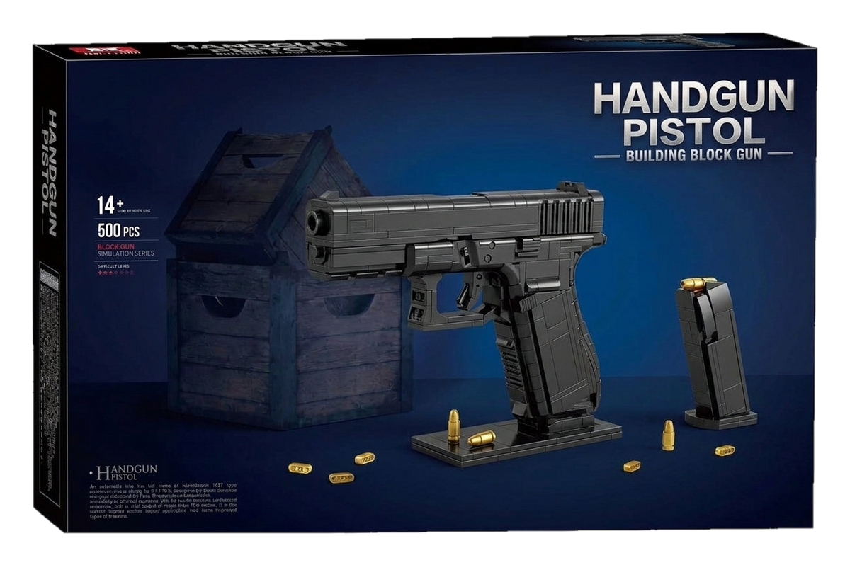Service Pistol brick kit box, black pistol model with stand and spare magazine, 500 pieces, age 14+ (cut-out)