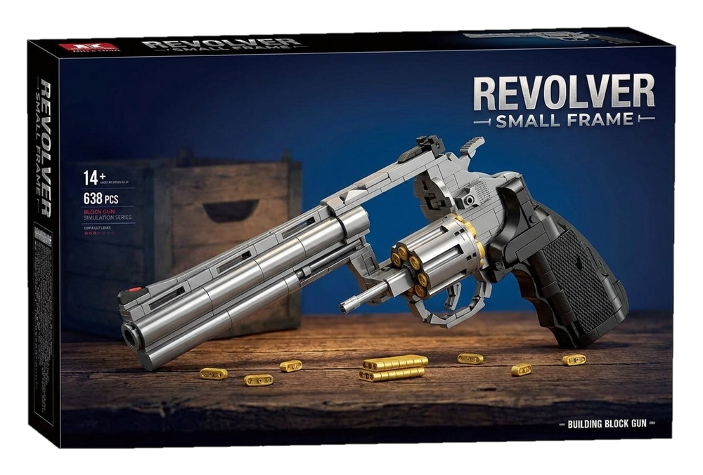 Small-Frame Revolver brick kit box, silver revolver model with swing-out cylinder, 638 pieces, age 14+ (cut-out)