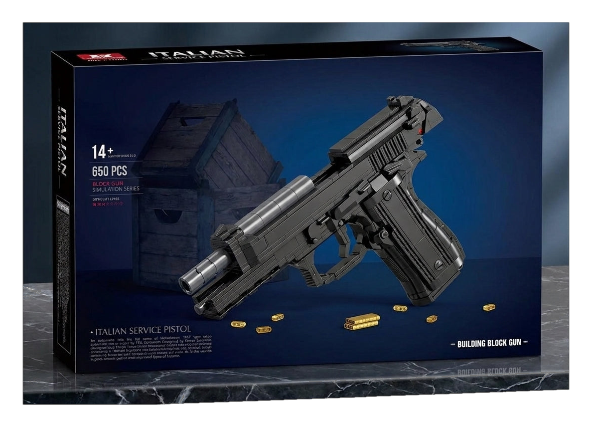 Compact Service Pistol brick kit box, black pistol model, 650 pieces, age 14+ (cut-out)