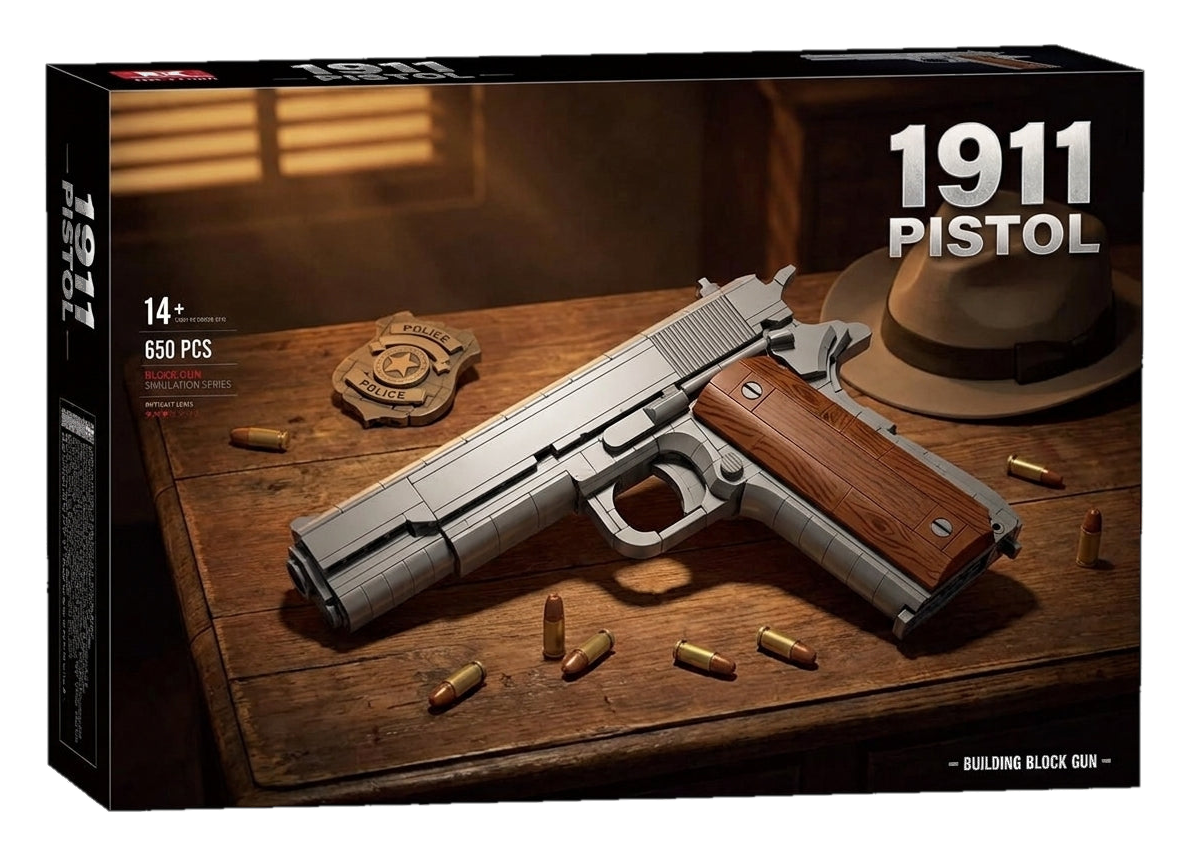 Classic Frame Pistol brick kit box, grey pistol model with wood-tone grips, 650 pieces, age 14+ (cut-out)
