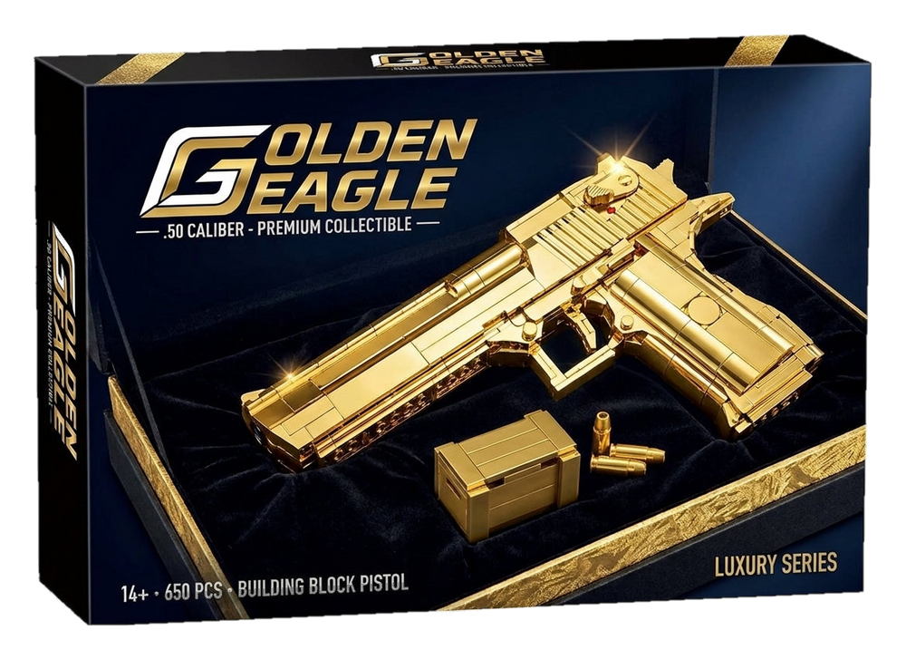 Gold Series Pistol luxury series brick kit box, gold-finish pistol model, 650 pieces, age 14+ (cut-out)