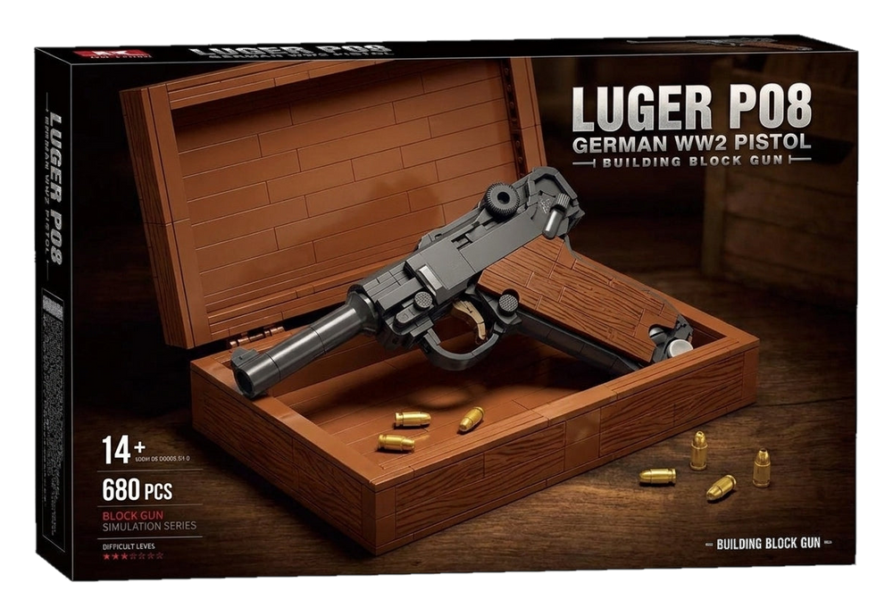 WWII-era Pistol brick kit box, grey pistol model in a brick-built wooden case, 680 pieces, age 14+ (cut-out)