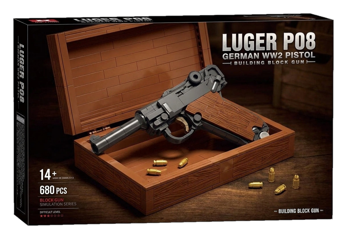 WWII-era Pistol brick kit box, grey pistol model in a brick-built wooden case, 680 pieces, age 14+ (cut-out)