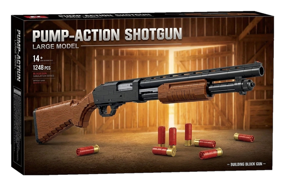 Pump-Action Shotgun large-model brick kit box, wood-tone and black shotgun, 1248 pieces, age 14+ (cut-out)