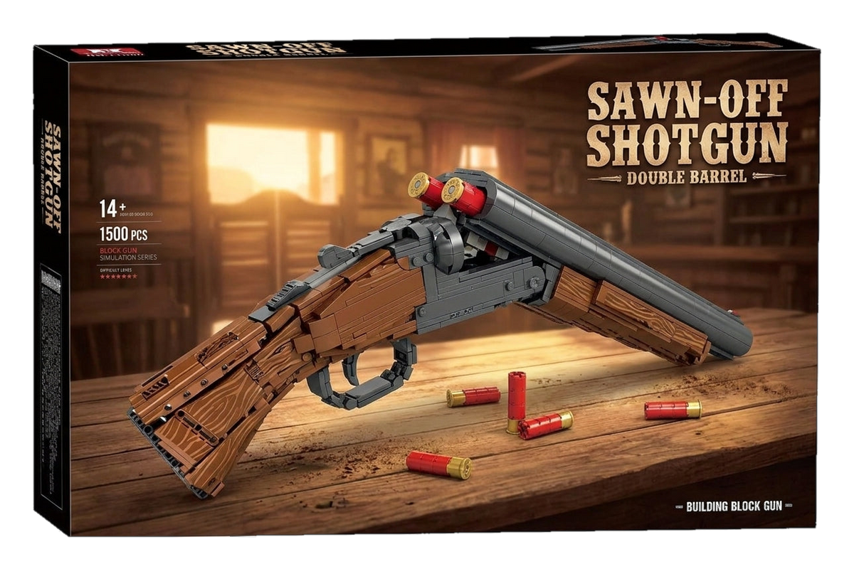 Sawn-Off Double-Barrel Shotgun brick kit box, wood-tone model with break-open barrels, 1500 pieces, age 14+ (cut-out)