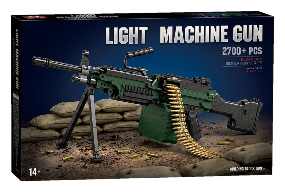 Light Machine Gun brick kit box, green and black model on bipod with ammunition belt, 2700+ pieces, age 14+ (cut-out)