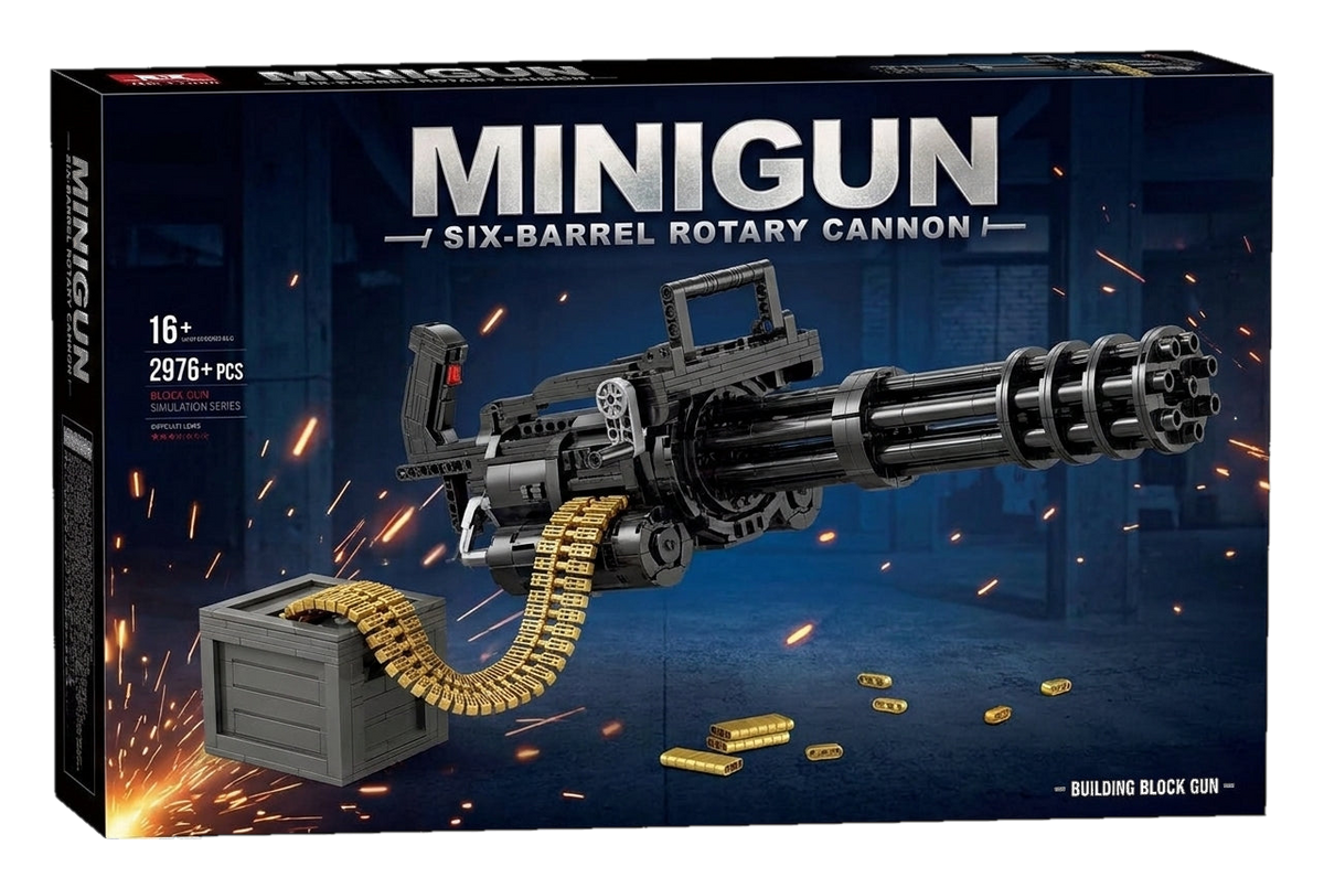 Six-Barrel Rotary Cannon brick kit box, black rotary model with ammunition box and belt, 2976 pieces, age 16+ (cut-out)