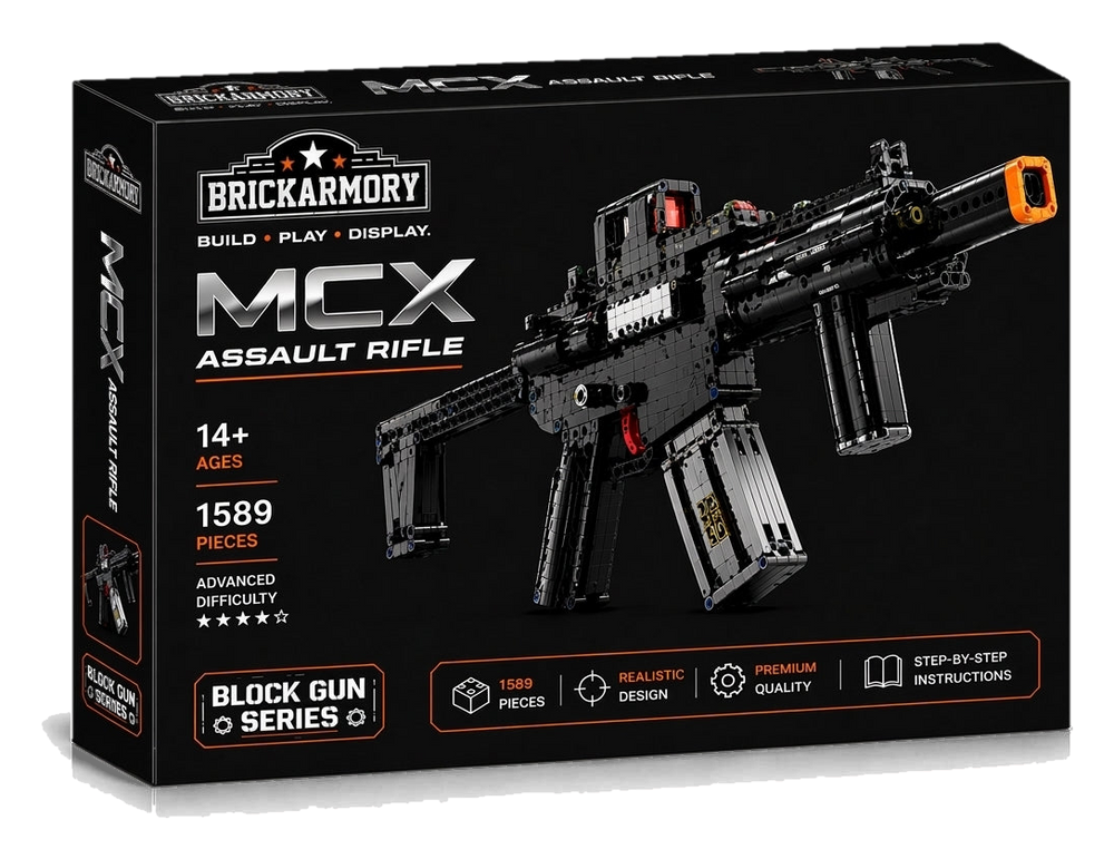 Modular Assault Rifle brick kit box, black rifle model with orange muzzle cap, 1589 pieces, age 14+ (cut-out)