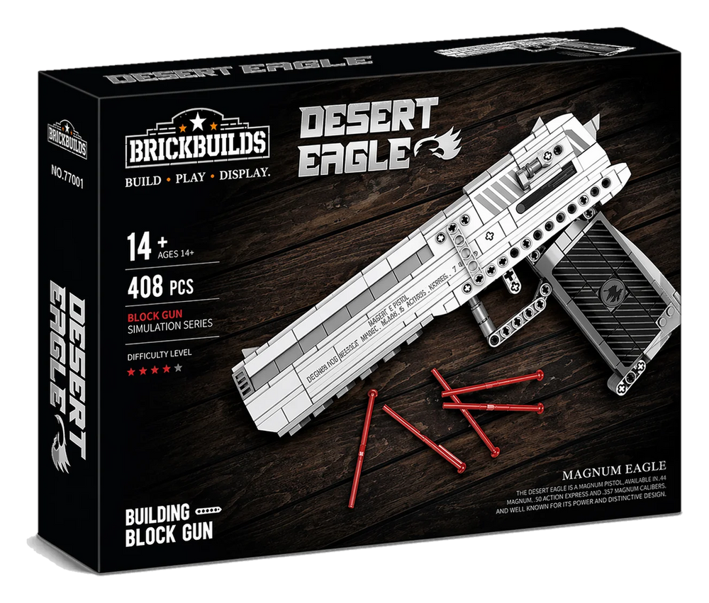 Silver Large-Frame Pistol brick kit box, light-grey pistol model, 408 pieces, age 14+ (cut-out)