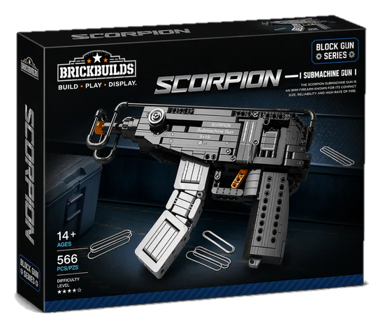 Wire-Stock Compact SMG brick kit box, dark grey model with folded wire stock, 566 pieces, age 14+ (cut-out)