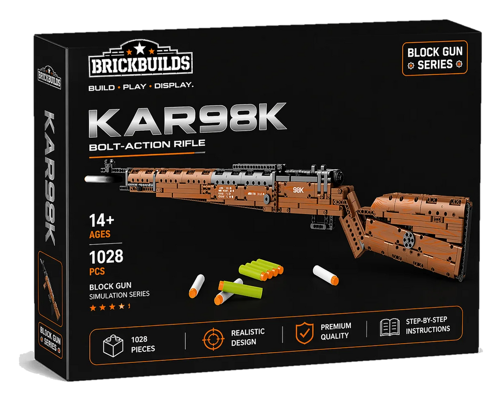 Honey-Wood Bolt-Action Rifle brick kit box, wood-tone rifle model, 1028 pieces, age 14+ (cut-out)