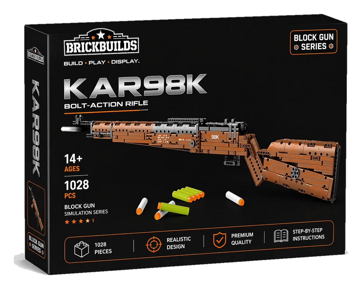 Honey-Wood Bolt-Action Rifle brick kit box, wood-tone rifle model, 1028 pieces, age 14+ (cut-out)