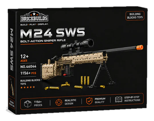 Desert Tan Bolt-Action Sniper brick kit box, 1156+ pieces, age 12+ (cut-out)
