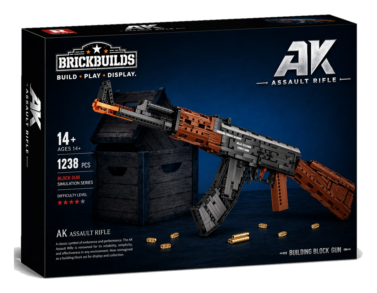 Classic Wood-Stock Rifle brick kit box, wood-tone rifle model, 1238 pieces, age 14+ (cut-out)