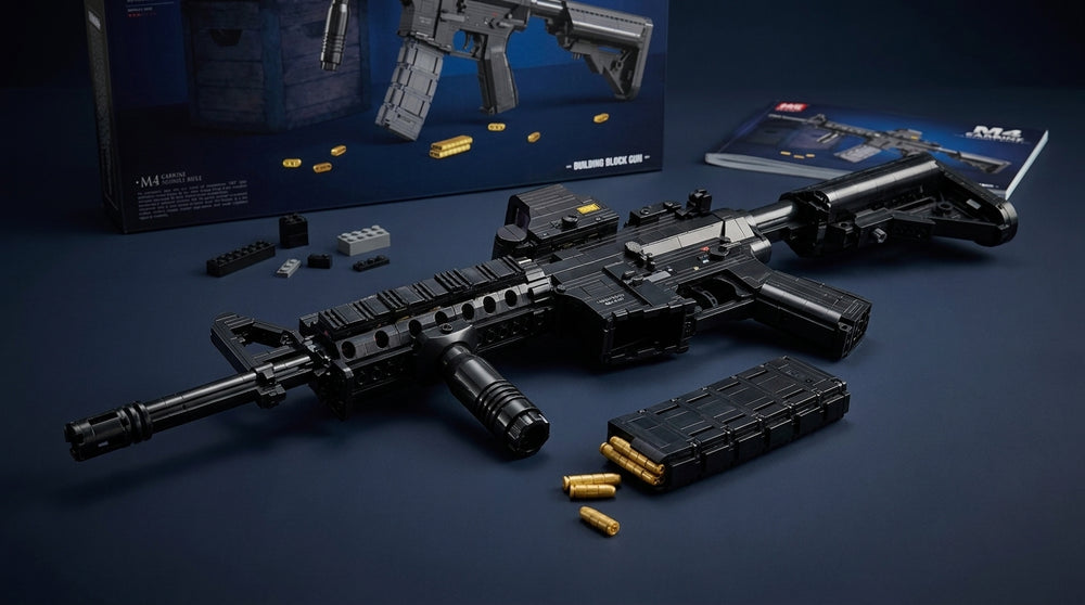 Modern Carbine brick model assembled in black with optic, foregrip and magazine, box and manual behind