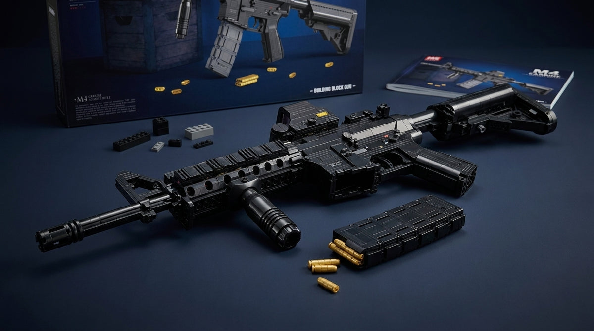 Modern Carbine brick model assembled in black with optic, foregrip and magazine, box and manual behind