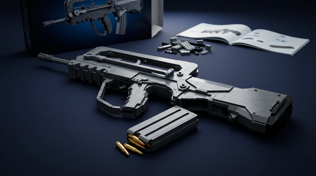Bullpup Assault Rifle brick model in dark grey with carry handle, magazine and manual on the table