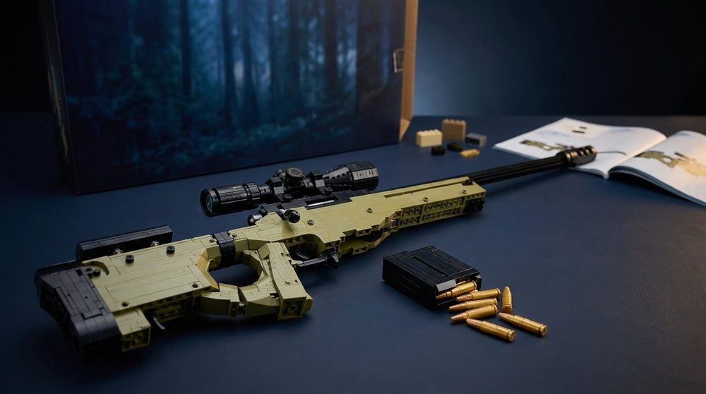Olive Bolt-Action Sniper brick model with long scope and black barrel, magazine and manual beside it