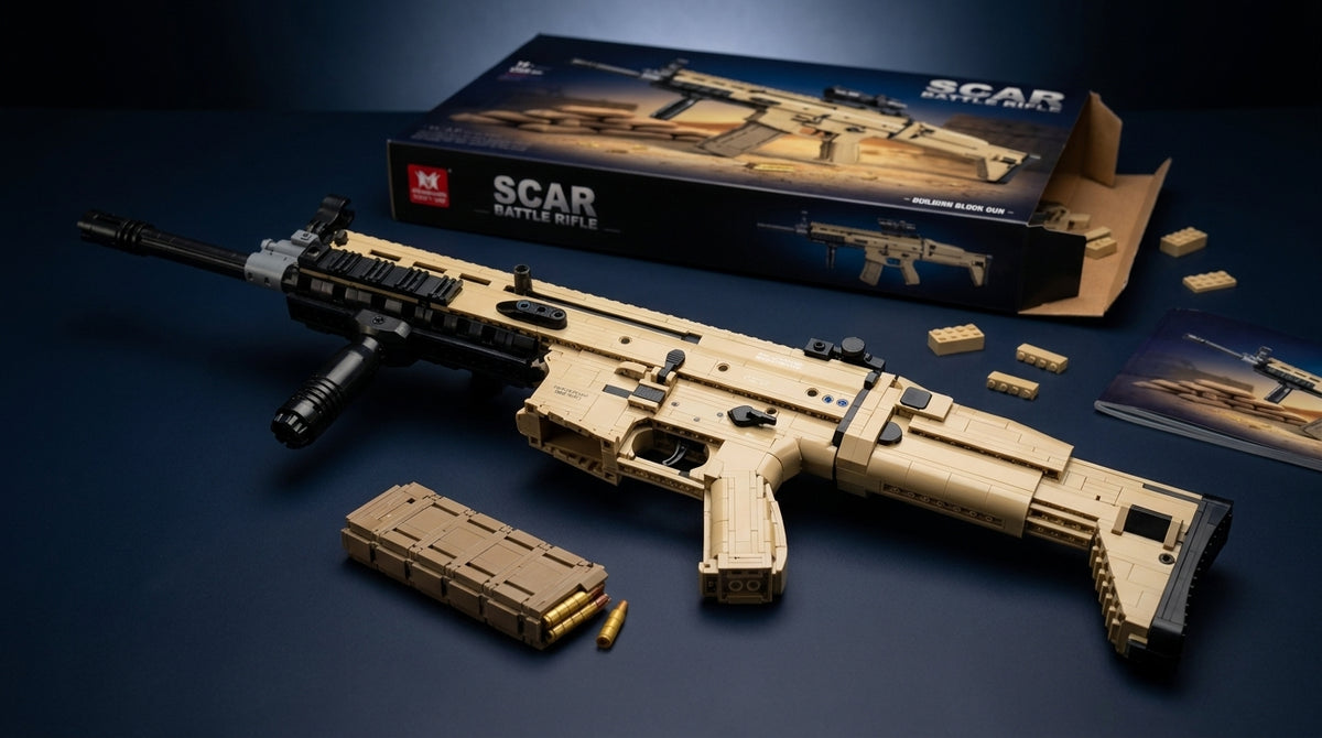 Desert Battle Rifle brick model in tan and black with optic and magazine, box and manual behind
