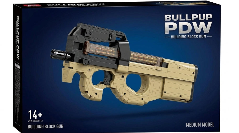 Bullpup PDW brick kit box, tan and black compact model with translucent top magazine, age 14+