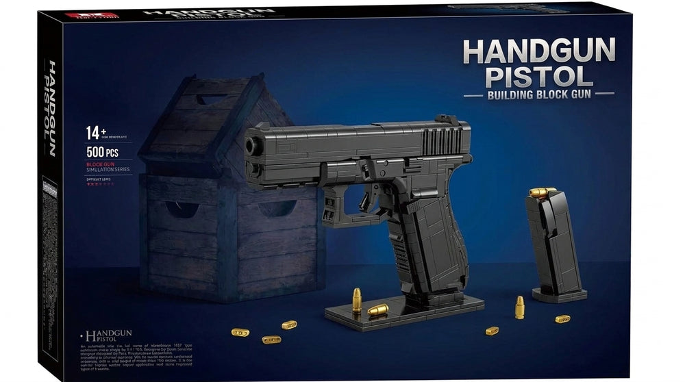 Service Pistol brick kit box, black pistol model with stand and spare magazine, 500 pieces, age 14+