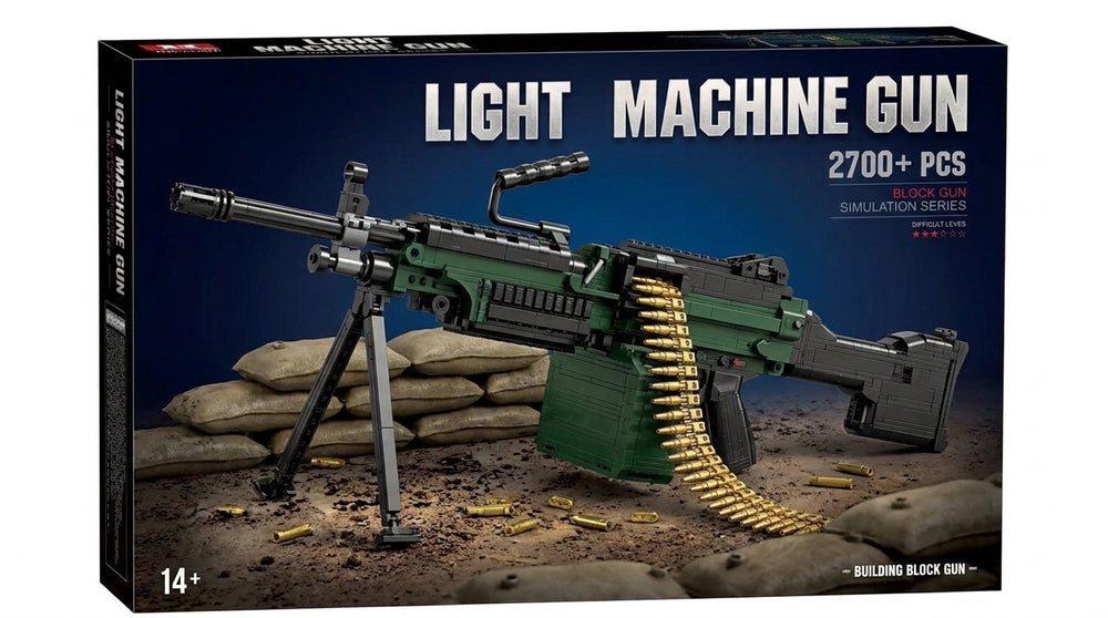 Light Machine Gun brick kit box, green and black model on bipod with ammunition belt, 2700+ pieces, age 14+
