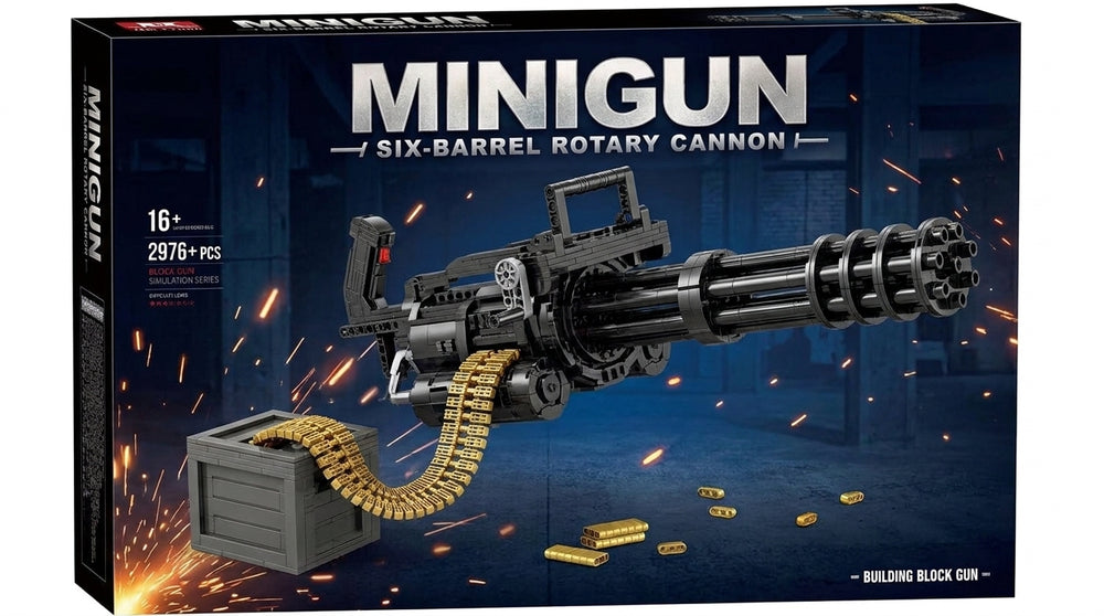 Six-Barrel Rotary Cannon brick kit box, black rotary model with ammunition box and belt, 2976 pieces, age 16+
