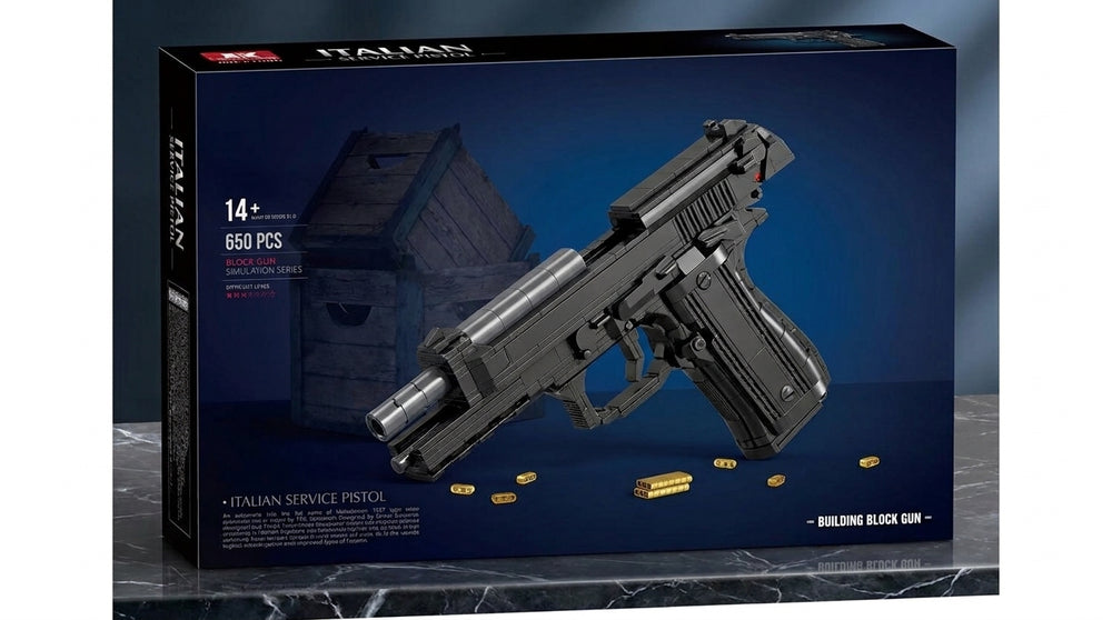 Compact Service Pistol brick kit box, black pistol model, 650 pieces, age 14+