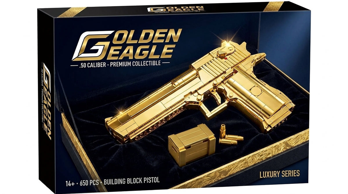 Gold Series Pistol luxury series brick kit box, gold-finish pistol model, 650 pieces, age 14+