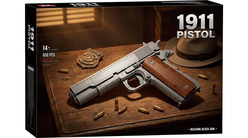 Classic Frame Pistol brick kit box, grey pistol model with wood-tone grips, 650 pieces, age 14+