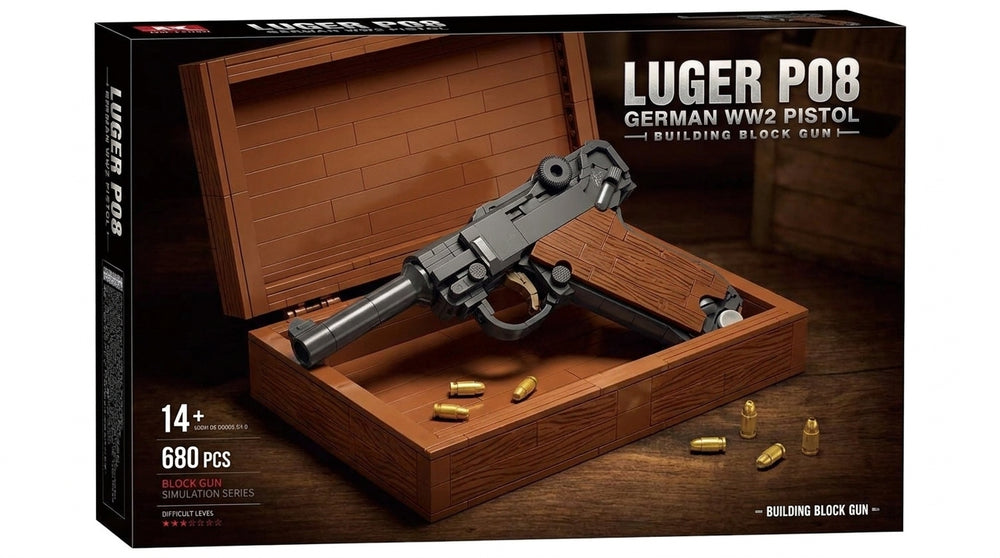 WWII-era Pistol brick kit box, grey pistol model in a brick-built wooden case, 680 pieces, age 14+