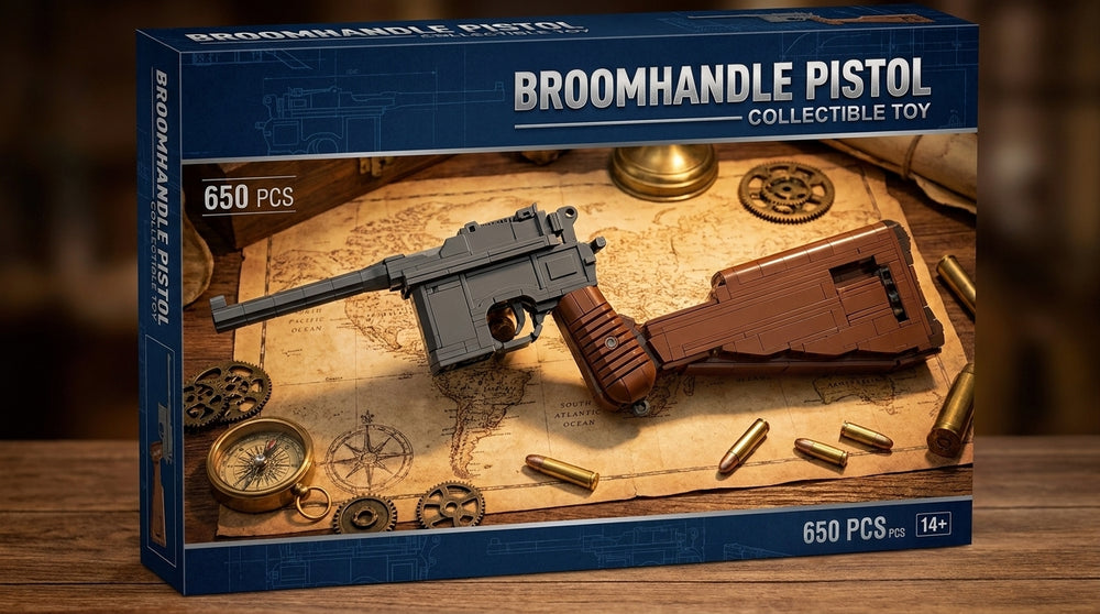 Broomhandle Pistol collectible brick kit box, vintage pistol with wood-tone grip and holster-stock, 650 pieces, age 14+