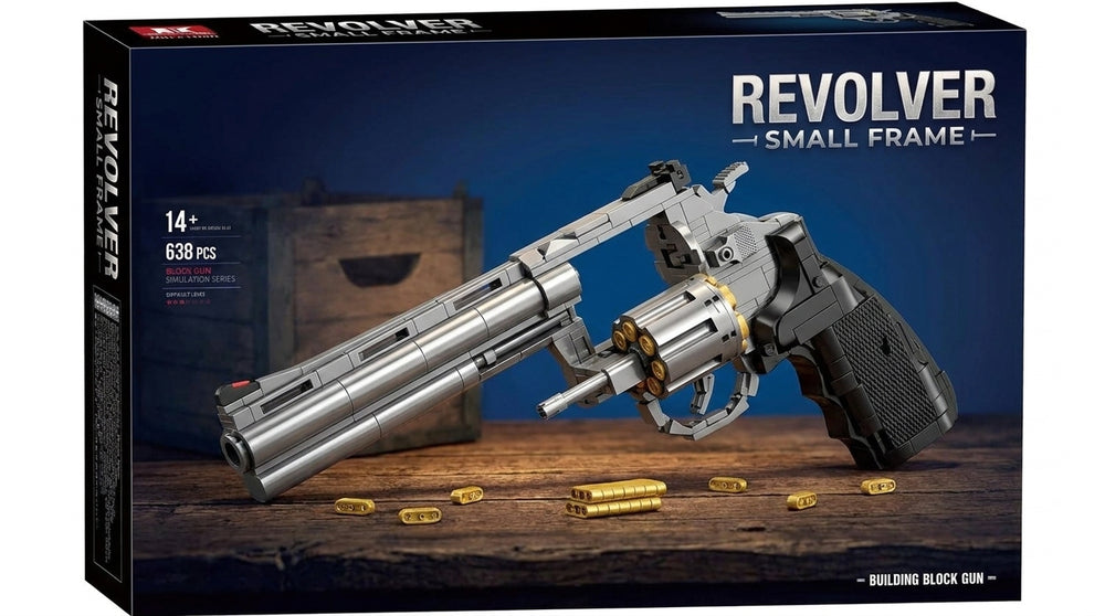 Small-Frame Revolver brick kit box, silver revolver model with swing-out cylinder, 638 pieces, age 14+
