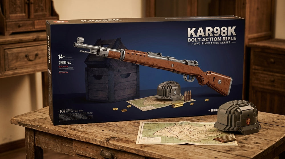 WWII Bolt-Action Rifle brick kit box, wood-stock rifle model, 2500 pieces, age 14+