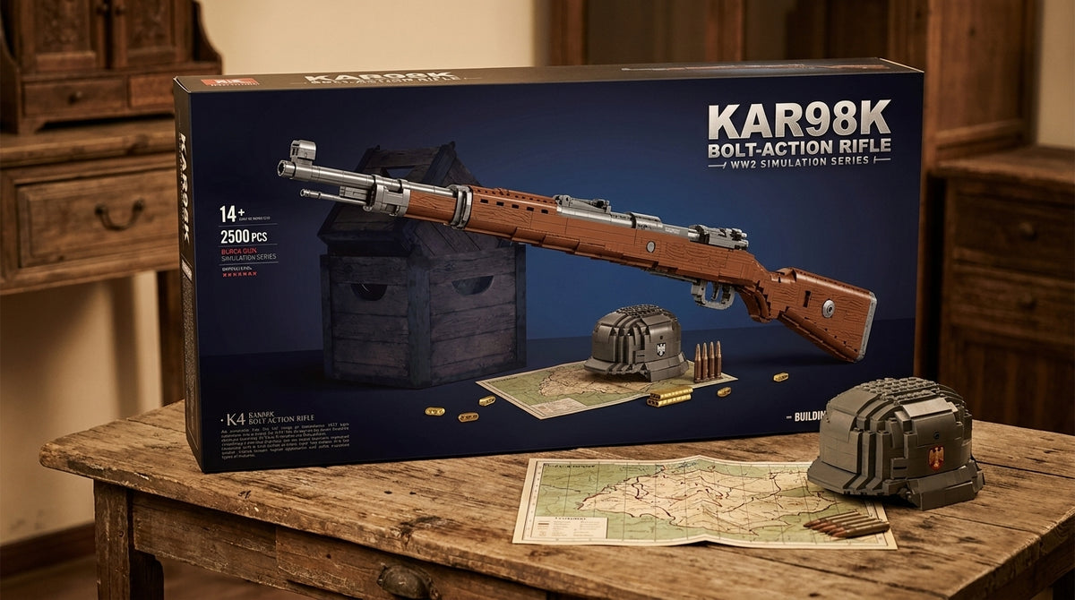 WWII Bolt-Action Rifle brick kit box, wood-stock rifle model, 2500 pieces, age 14+