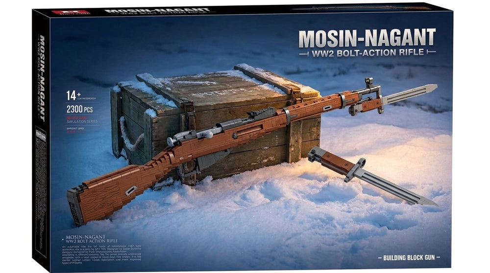 Bayonet Bolt-Action Rifle brick kit box, WWII-era wood-stock rifle with bayonet, 2300 pieces, age 14+