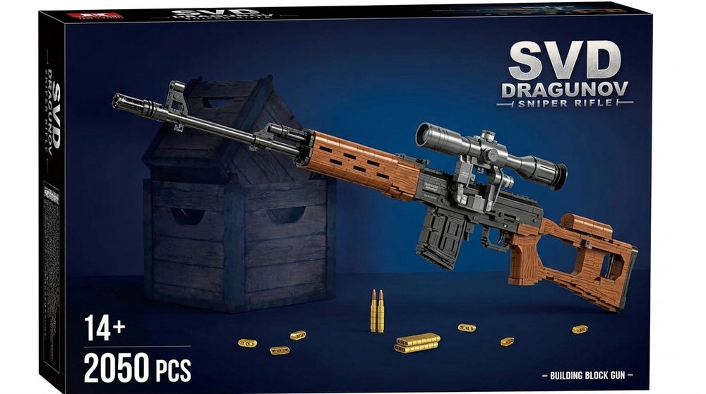 Marksman Rifle brick kit box, wood-tone rifle with skeleton stock and scope, 2050 pieces, age 14+