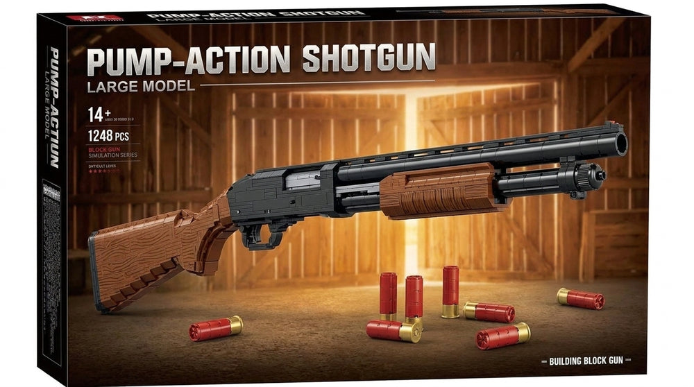 Pump-Action Shotgun large-model brick kit box, wood-tone and black shotgun, 1248 pieces, age 14+