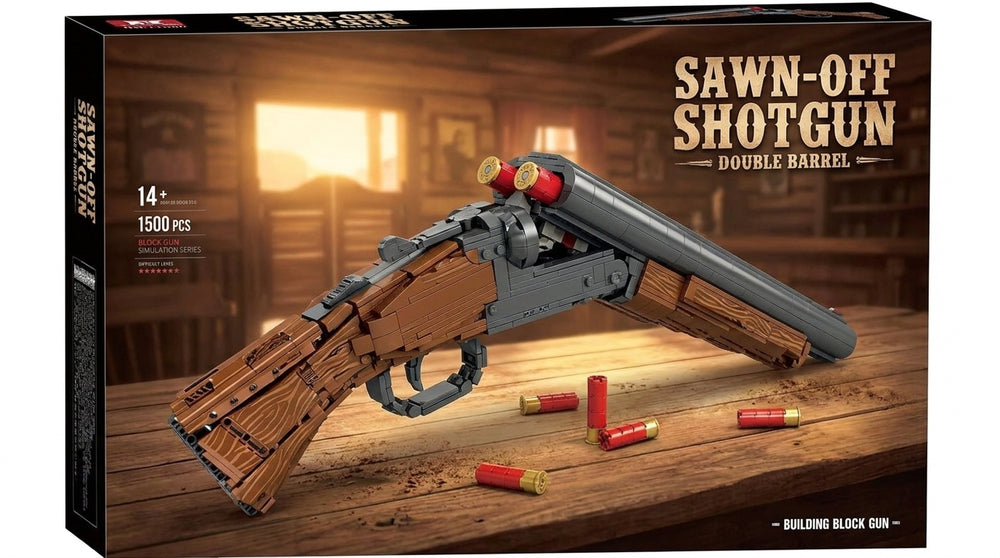 Sawn-Off Double-Barrel Shotgun brick kit box, wood-tone model with break-open barrels, 1500 pieces, age 14+
