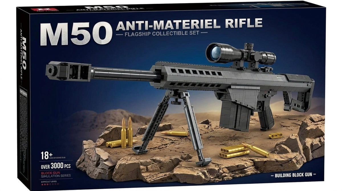 Anti-Materiel Rifle flagship brick kit box, large grey rifle model with scope and bipod, 3000+ pieces, age 18+