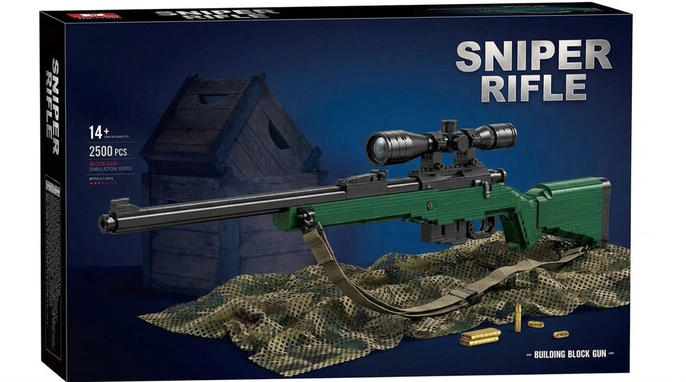 Green Long Rifle brick kit box, green-stock bolt-action rifle with scope and sling, 2500 pieces, age 14+