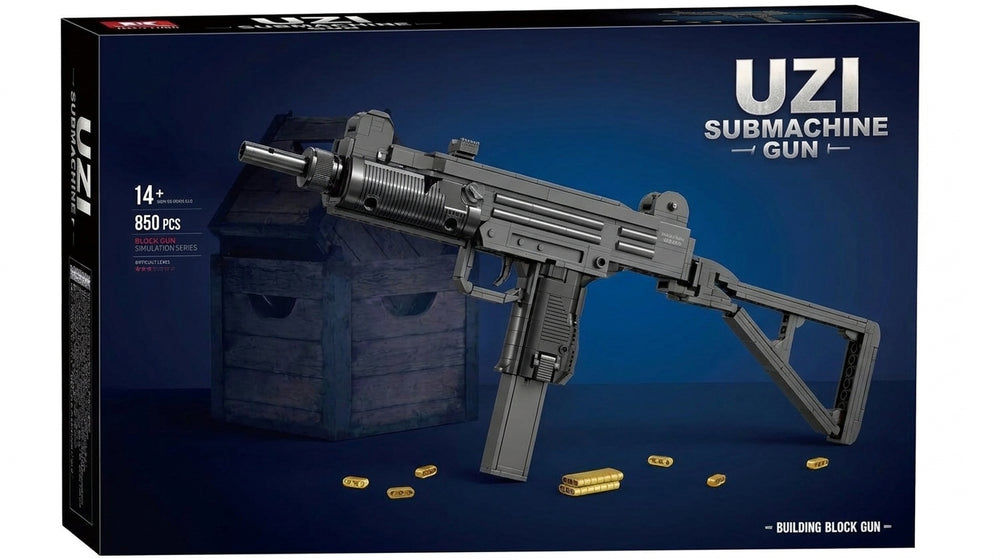 Folding-Stock SMG brick kit box, compact black model with folding stock, 850 pieces, age 14+